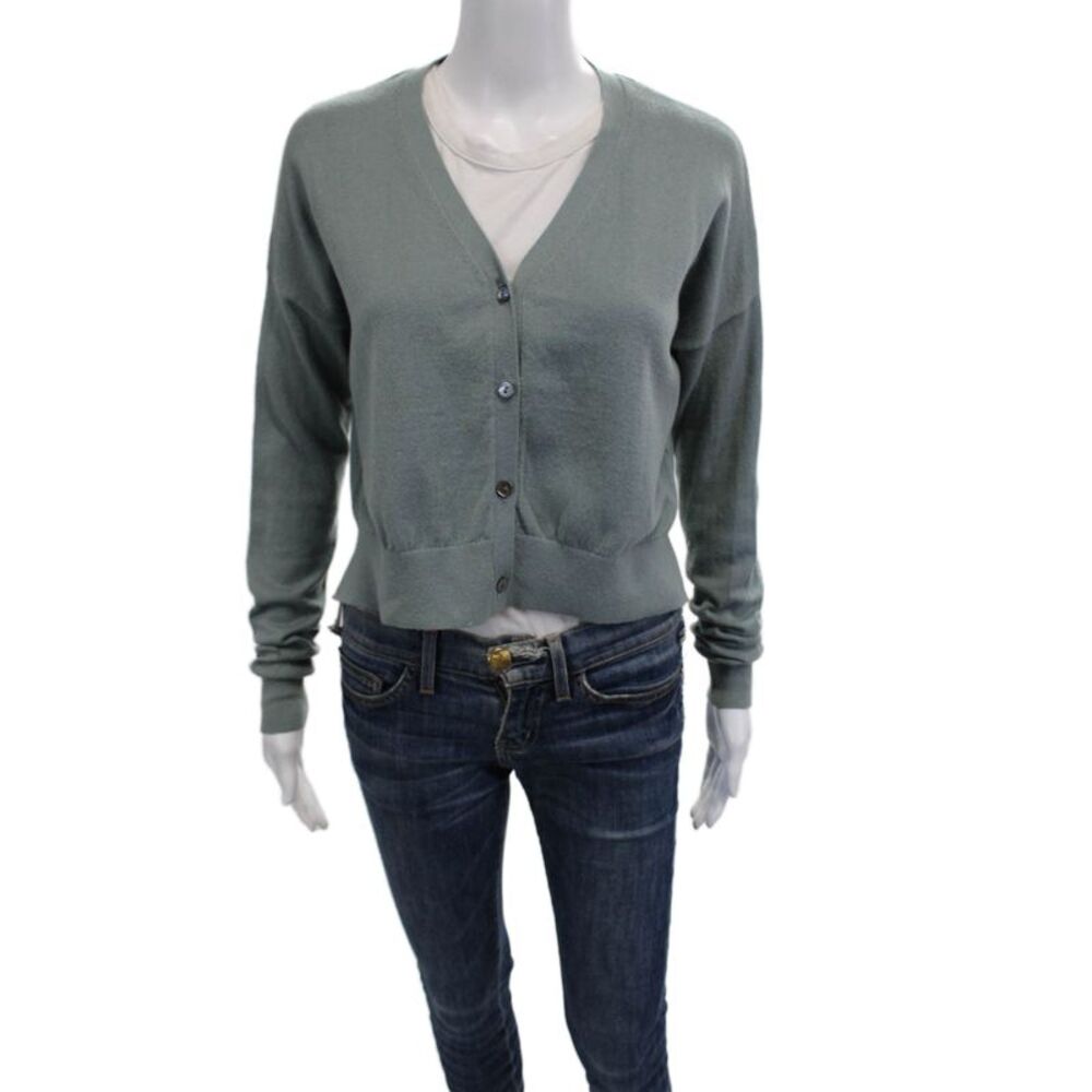 John Patrick Unisex Cardigan Green V-Neck Cotton Cashmere Size XS